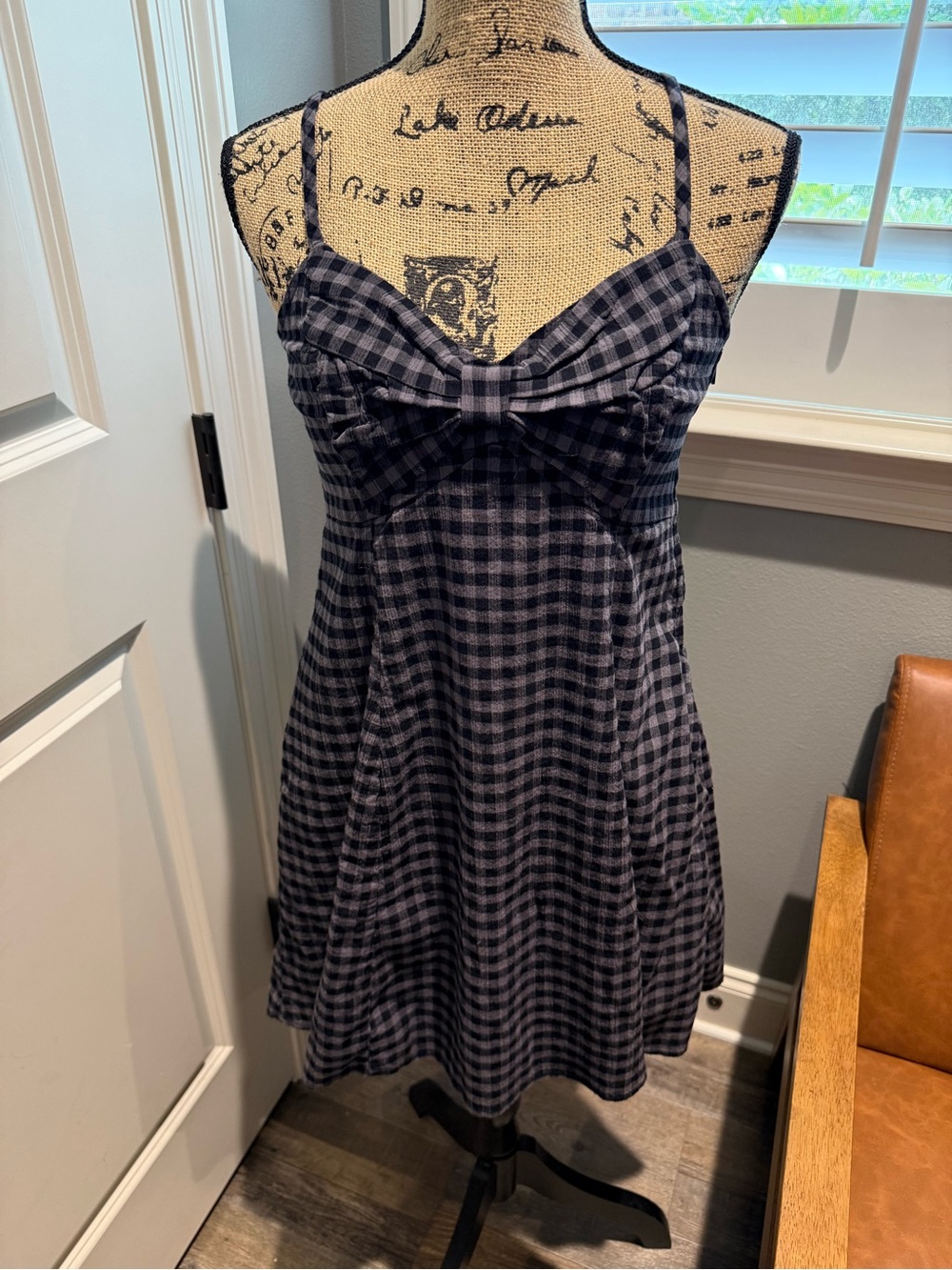 Plaid Mini Dress with Bow Detail & Pockets - Black & Gray